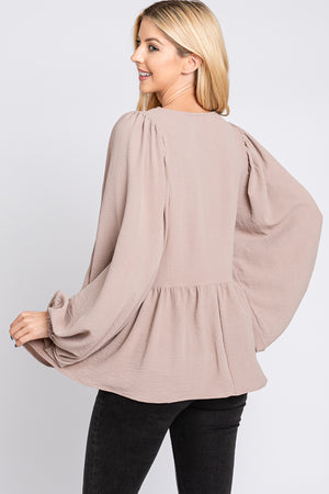 Bubble long sleeve v neck camel blouse