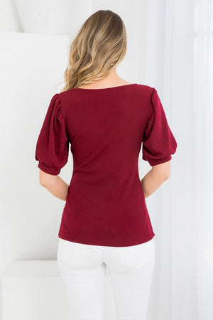 Square neck puff sleeve burgundy top