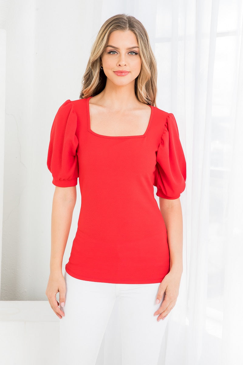 Square neck puff sleeve coral top