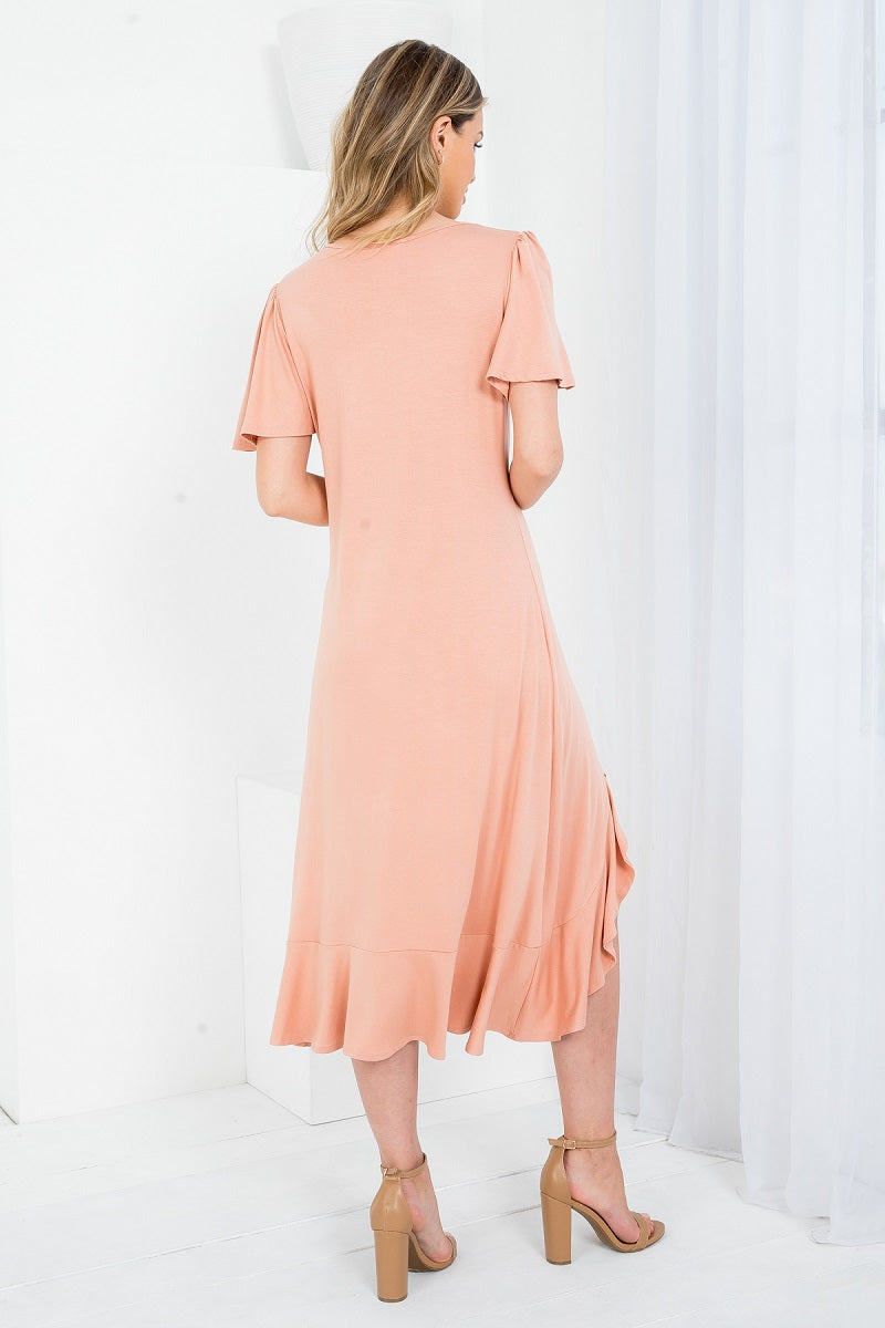 Flutter sleeve round neck with ruffle high low hem dress in desert color