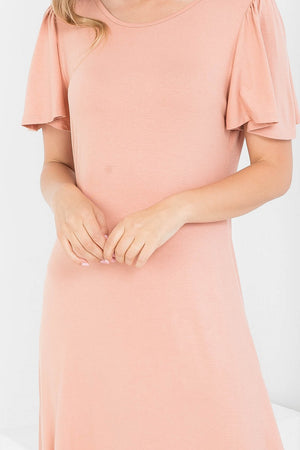 Flutter sleeve round neck with ruffle high low hem dress in desert color