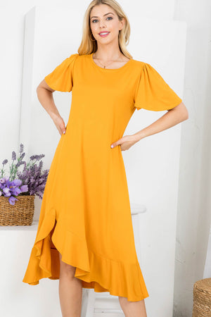 Flutter sleeve ruffle hem mustard dress