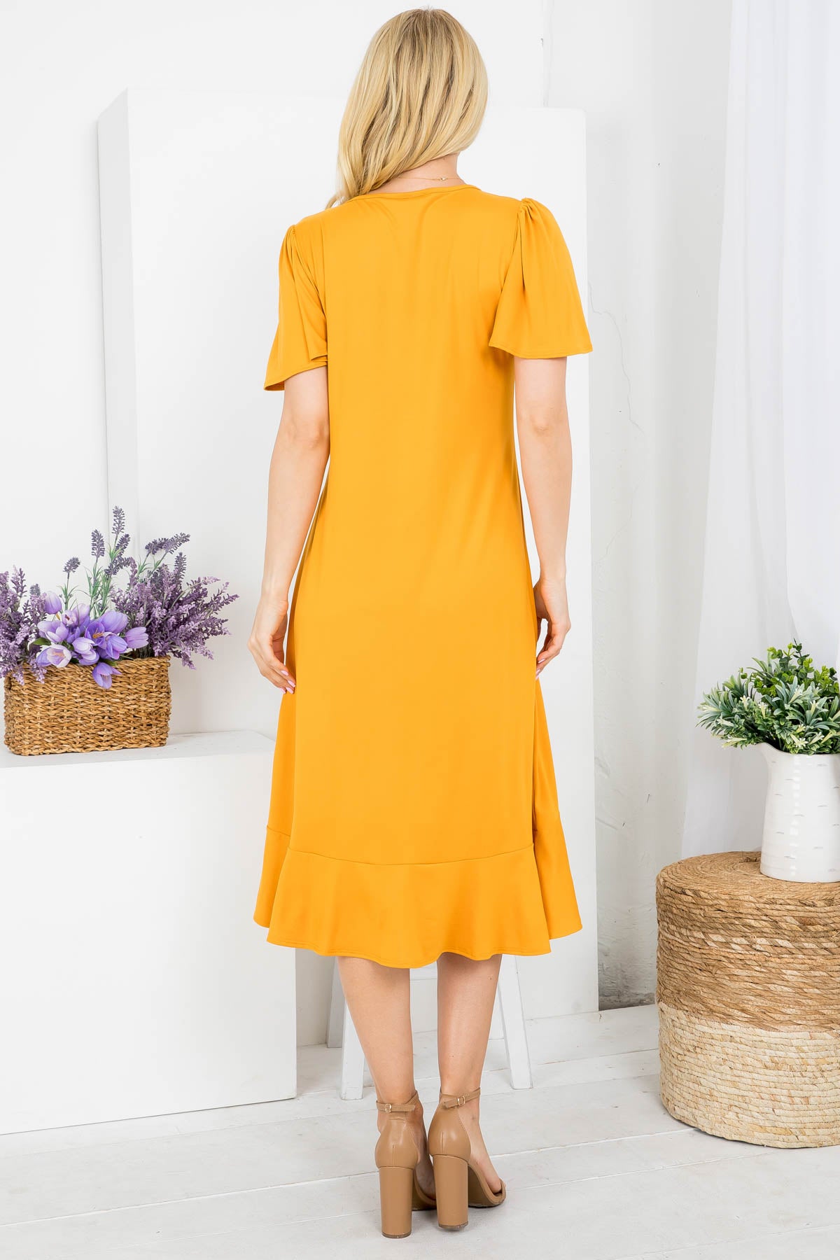 Flutter sleeve ruffle hem mustard dress