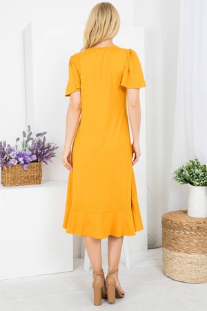 Flutter sleeve ruffle hem mustard dress