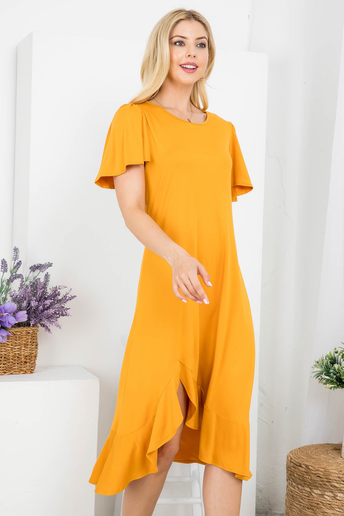 Flutter sleeve ruffle hem mustard dress