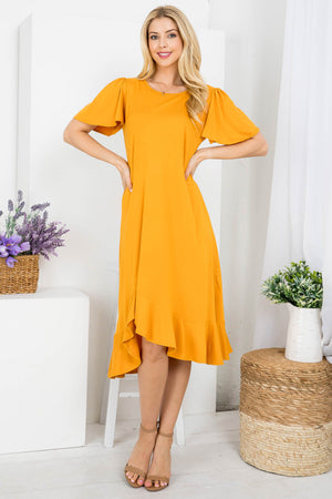 Flutter sleeve ruffle hem mustard dress