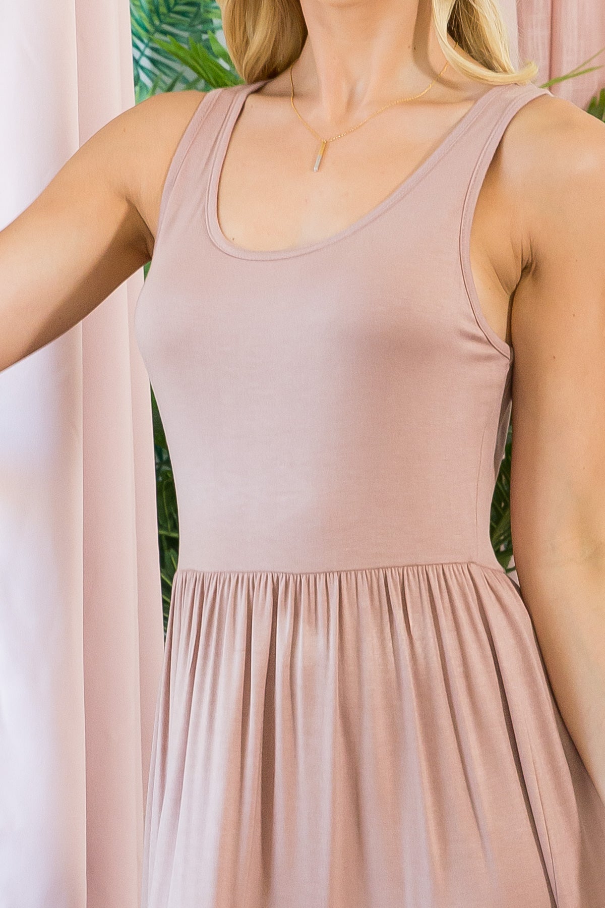 Sleeveless tier tank dress in taupe color