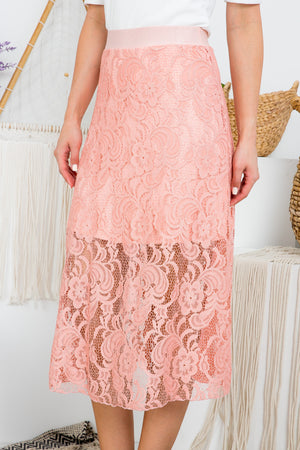 Lace lined elastic waist over the knee a line skirt peach