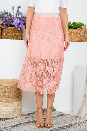 Lace lined elastic waist over the knee a line skirt peach