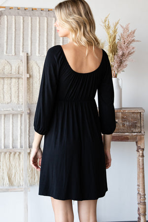 3/4 Sleeve elastic neck tie front empire black dress