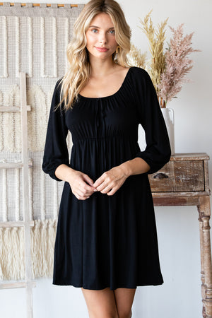 3/4 Sleeve elastic neck tie front empire black dress