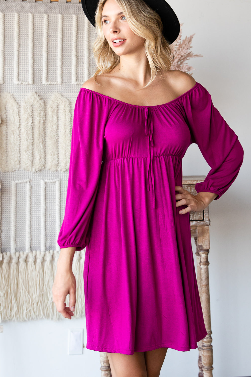 3/4 Sleeve elastic neck tie front empire magenta dress