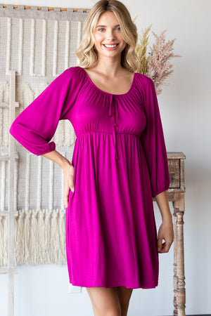 3/4 Sleeve elastic neck tie front empire magenta dress