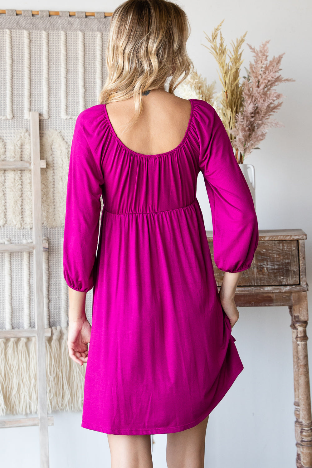 3/4 Sleeve elastic neck tie front empire magenta dress