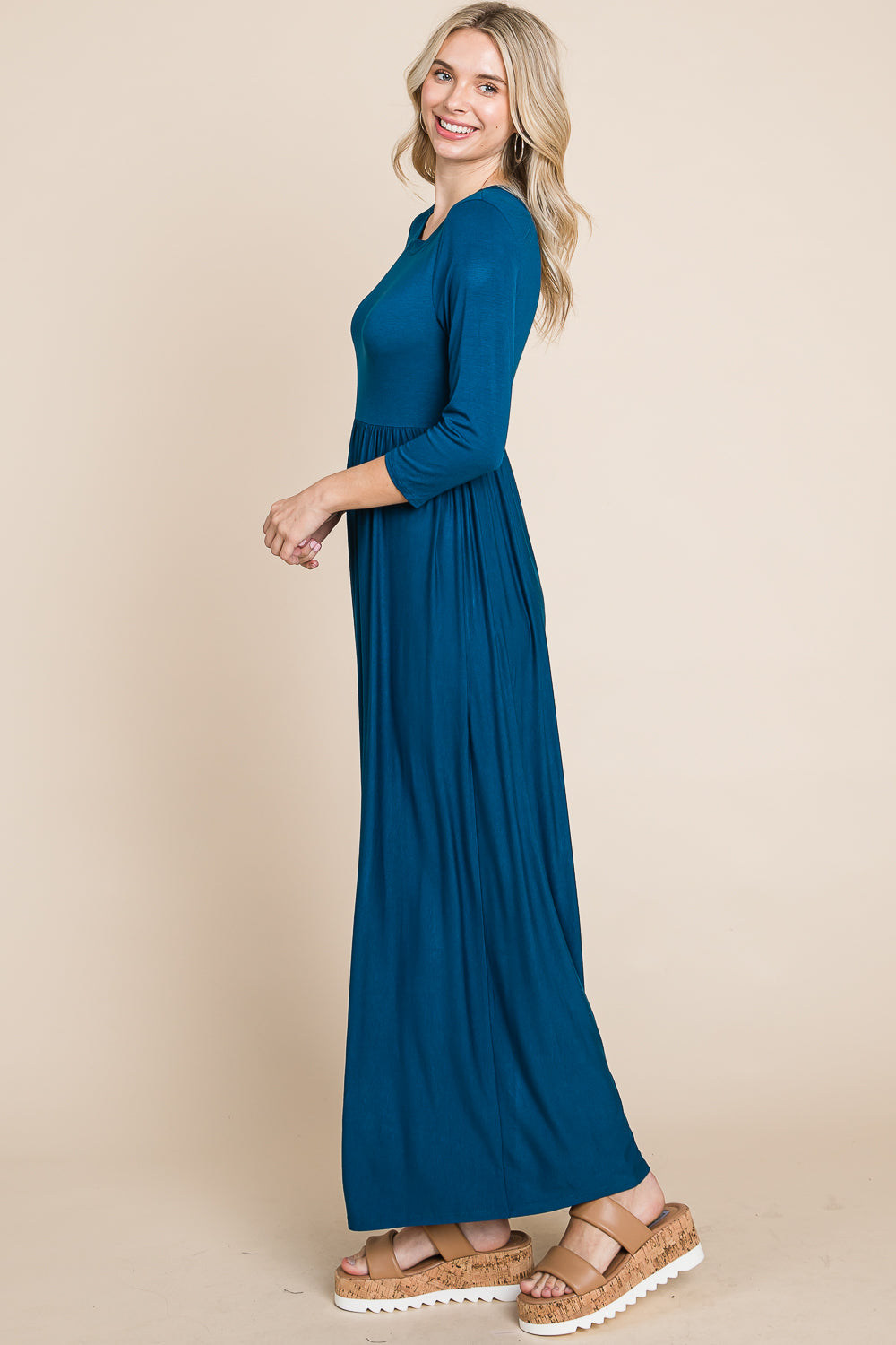 Scoop neck elastic waist maxi teal dress