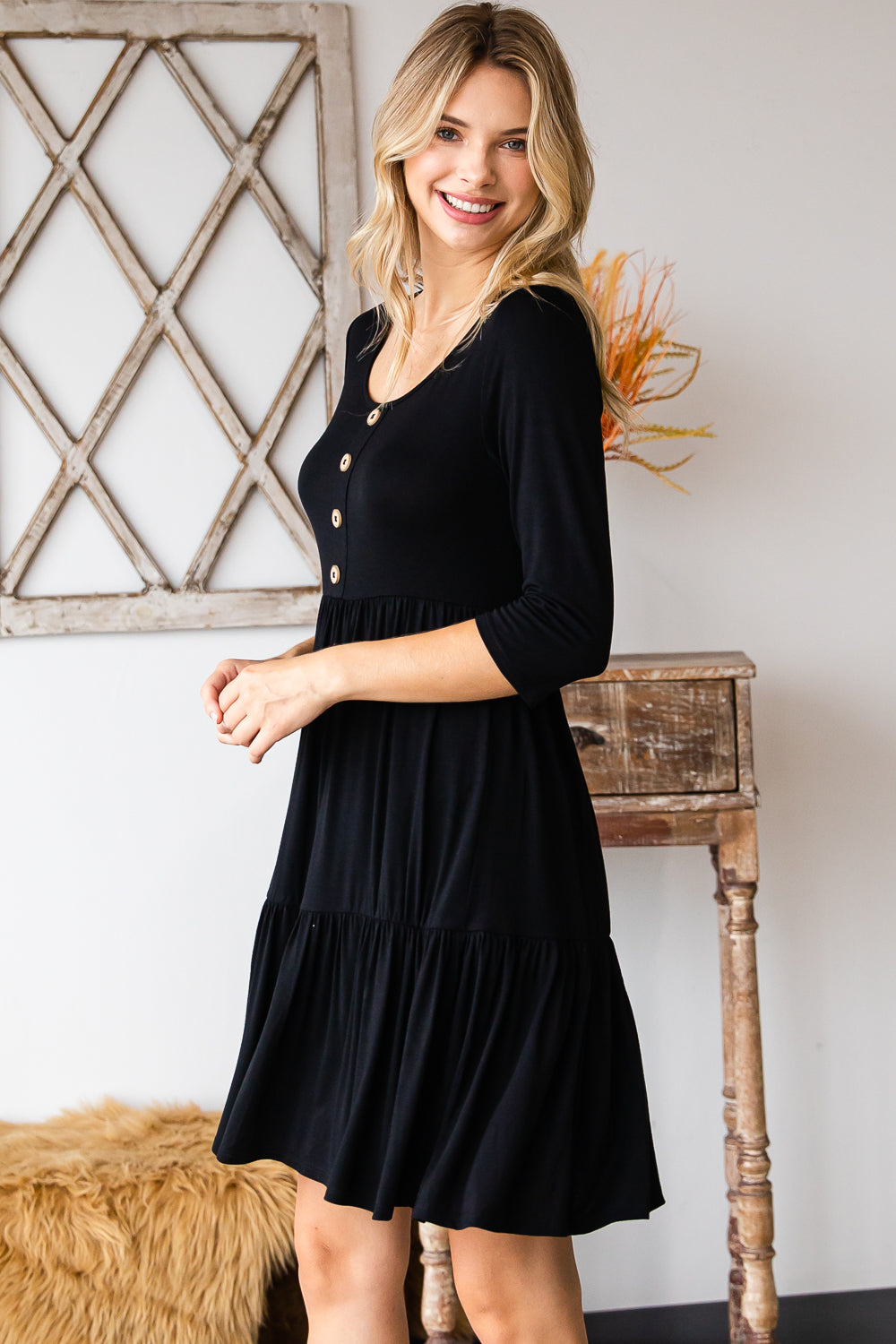 Round neck button front tiered black dress