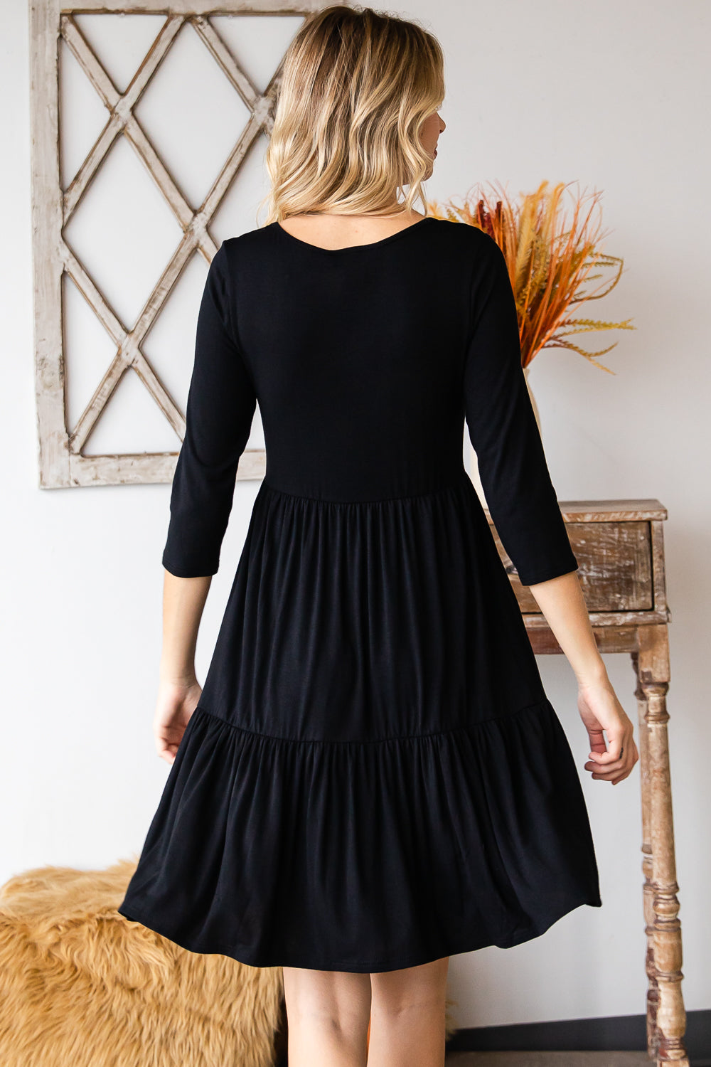 Round neck button front tiered black dress