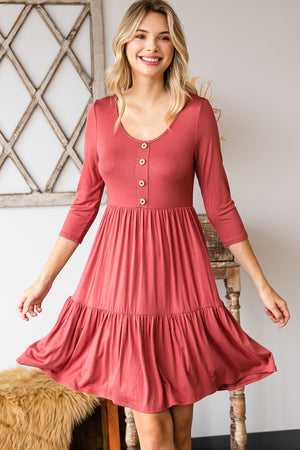 Round neck button front tiered marsala dress