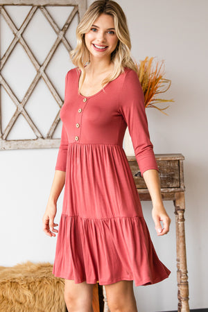 Round neck button front tiered marsala dress