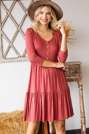 Round neck button front tiered marsala dress