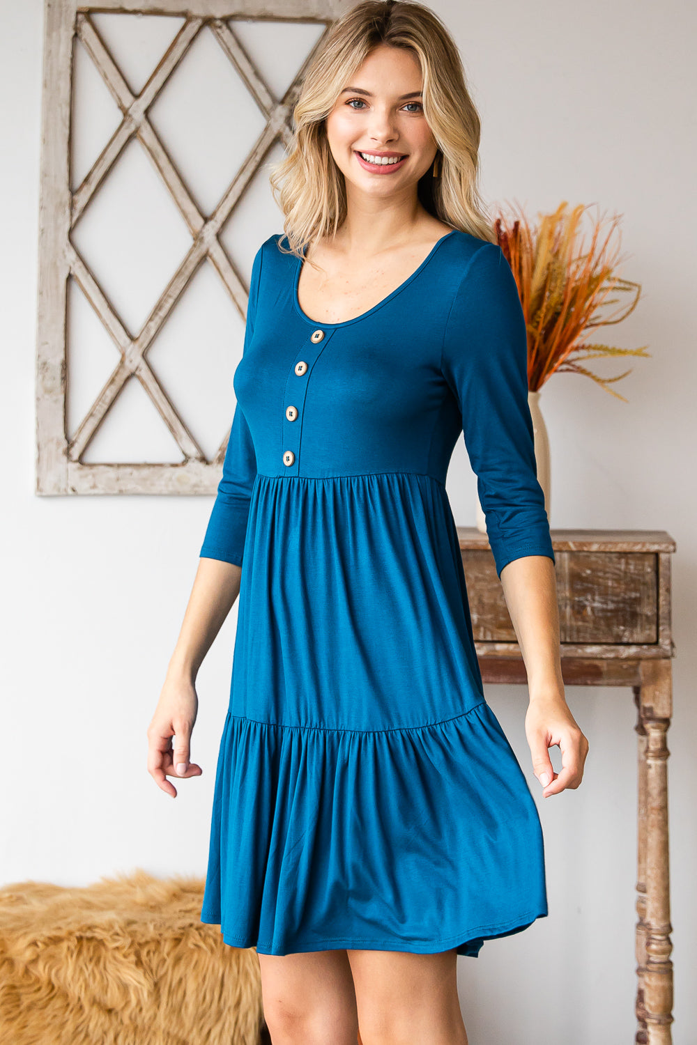 Round neck button front tiered teal dress