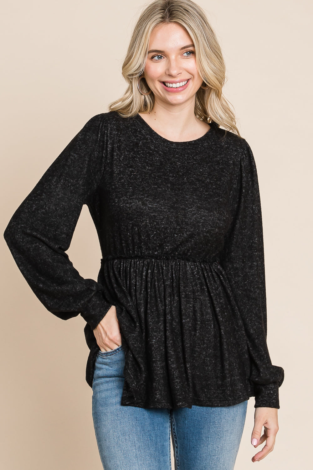 Long sleeve round neck ruffle empire black top