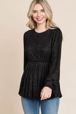 Long sleeve round neck ruffle empire black top