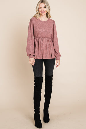 Long sleeve round neck ruffle empire mauve top