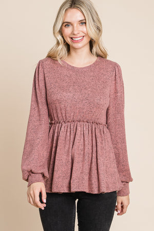 Long sleeve round neck ruffle empire mauve top