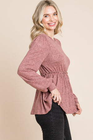 Long sleeve round neck ruffle empire mauve top