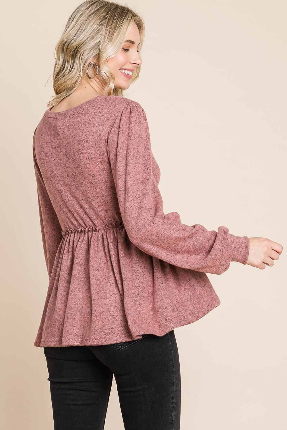 Long sleeve round neck ruffle empire mauve top