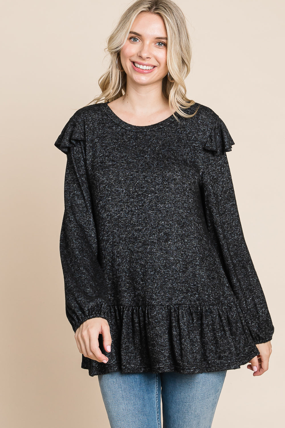 Long sleeve ruffle shoulder tunic black top