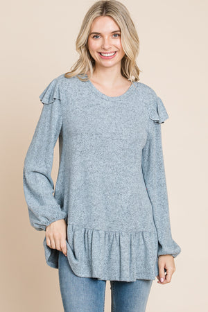 Long sleeve ruffle shoulder tunic blue top