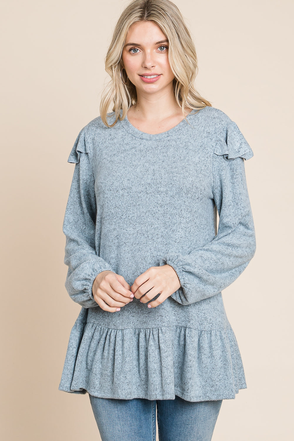 Long sleeve ruffle shoulder tunic blue top