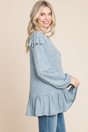 Long sleeve ruffle shoulder tunic blue top