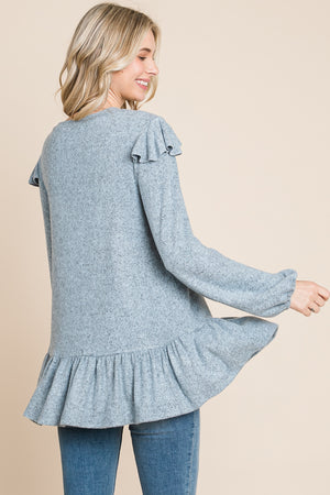 Long sleeve ruffle shoulder tunic blue top