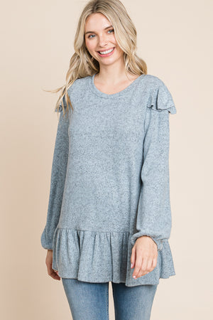 Long sleeve ruffle shoulder tunic blue top