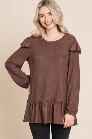 Long sleeve ruffle shoulder tunic brown top