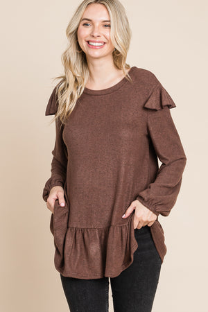 Long sleeve ruffle shoulder tunic brown top