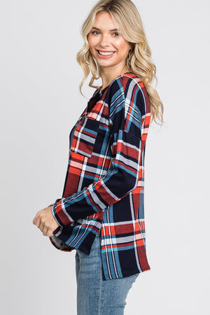 Long sleeve plaid pocket knit navy top