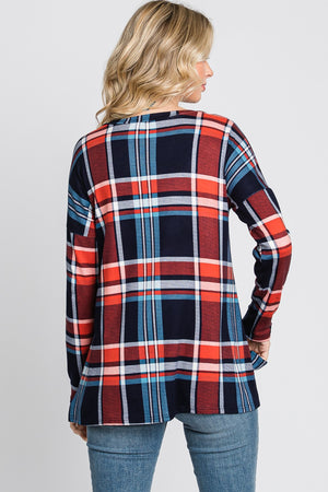 Long sleeve plaid pocket knit navy top