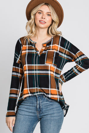 Long sleeve plaid pocket knit orange top