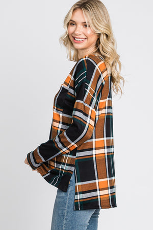 Long sleeve plaid pocket knit orange top