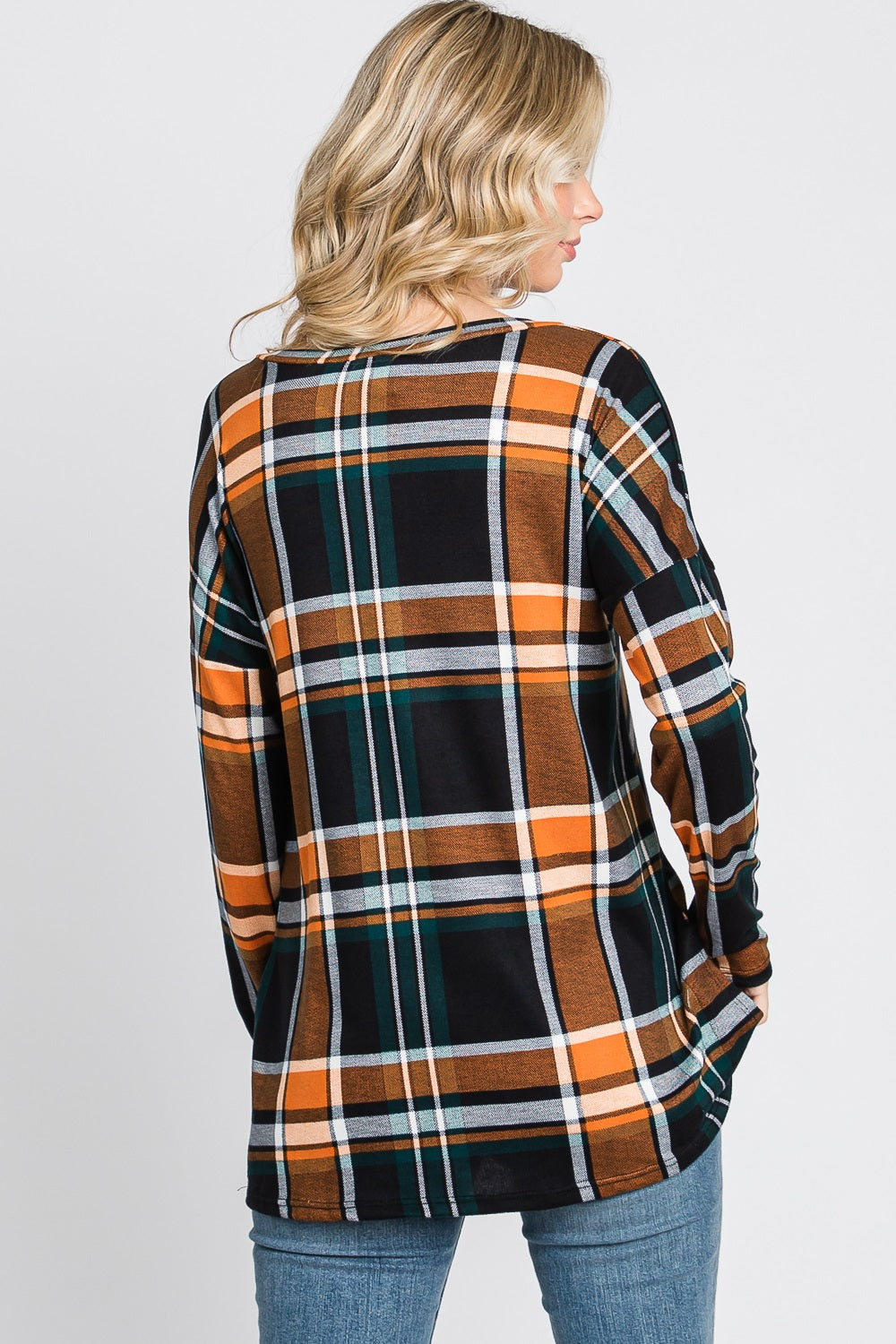 Long sleeve plaid pocket knit orange top