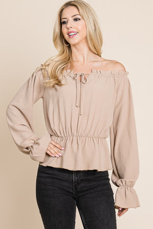 Long sleeve off shoulder tie front dk stone top