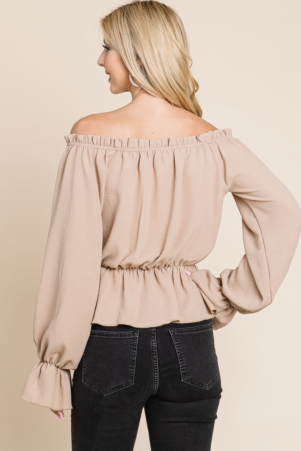 Long sleeve off shoulder tie front dk stone top