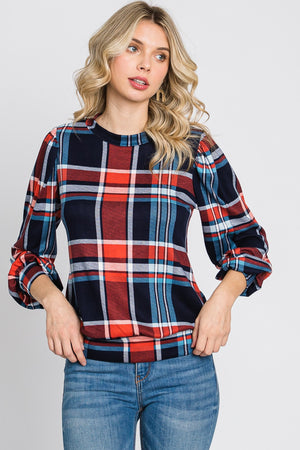 Long puff sleeve plaid banded bottom knit navy top