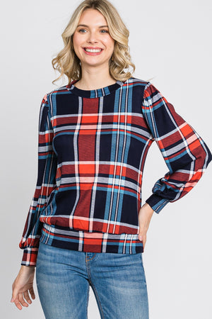 Long puff sleeve plaid banded bottom knit navy top