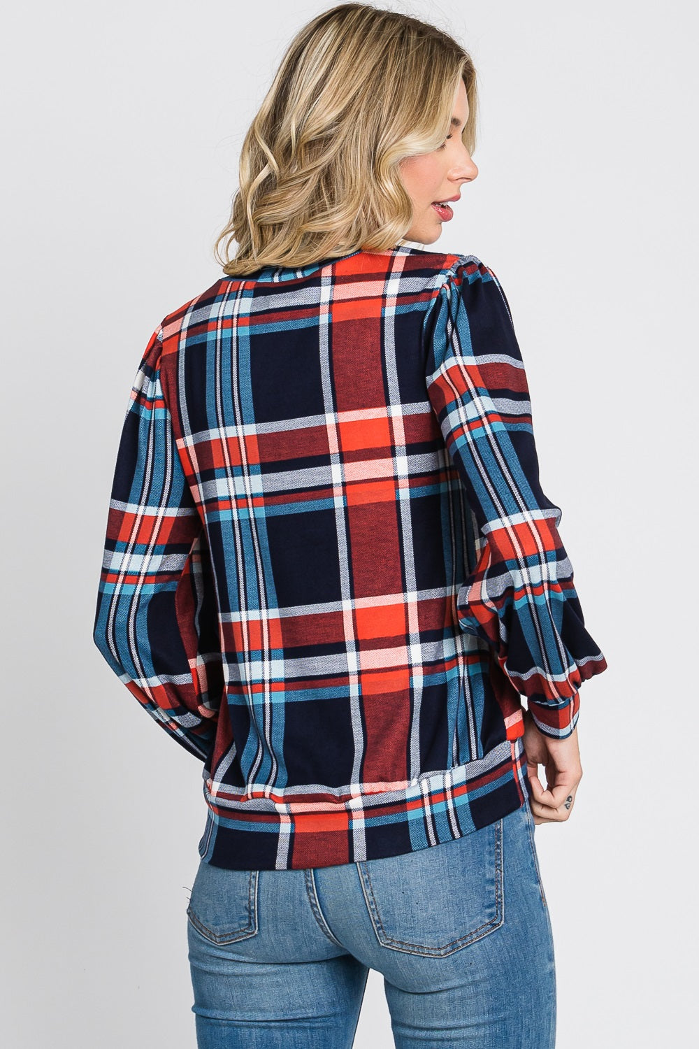 Long puff sleeve plaid banded bottom knit navy top