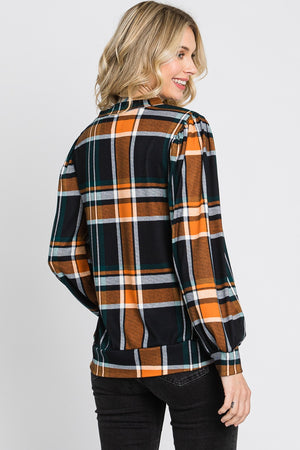 Long puff sleeve plaid banded bottom knit orange top